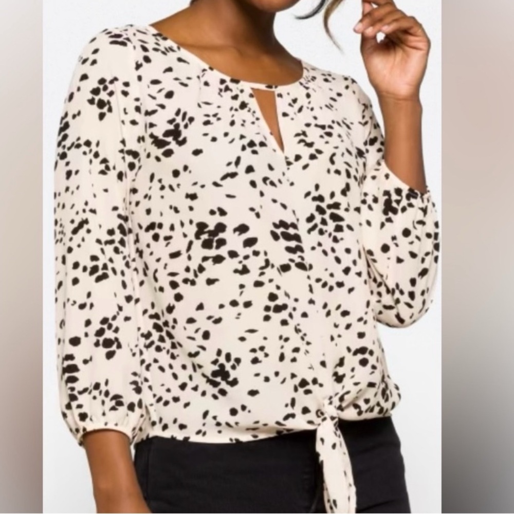 West Kei Black and Cream Flutter Sleeve Blouse with Tie Front